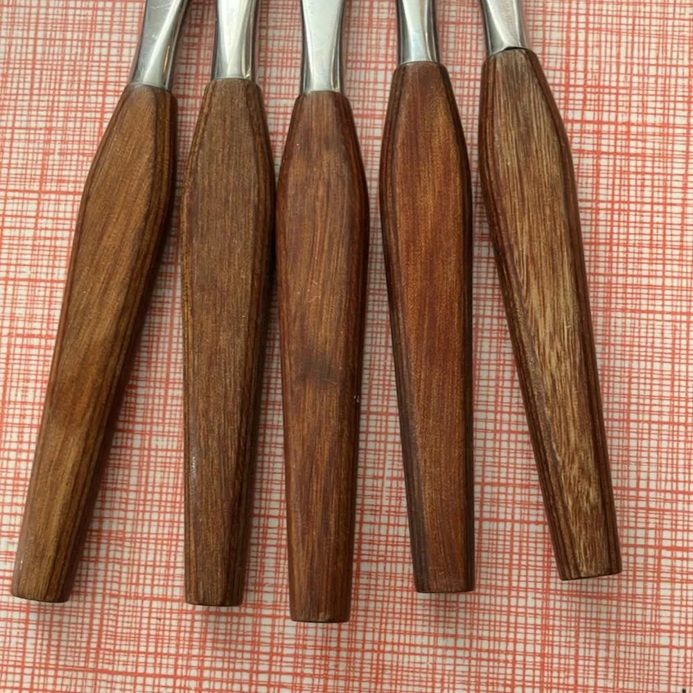 Set of 5 vintage MCM Stainless Steel Knives with Wood Wooden Handles